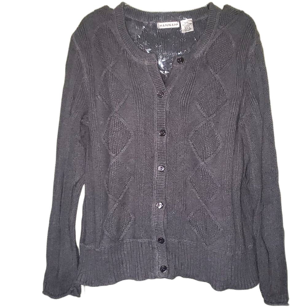 Hannah Women Grey 100% Cotton Diamond Cable Knit Button Front Cardigan Large